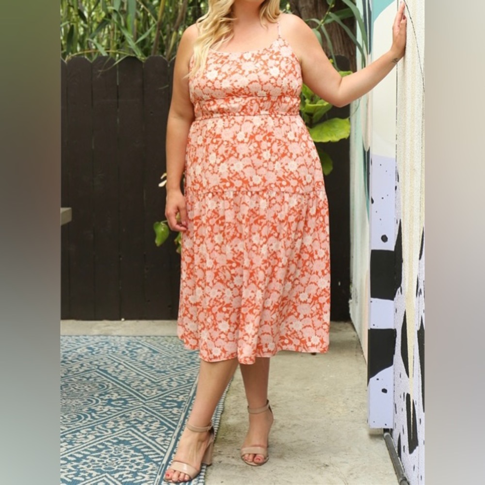 NWT Rust Blush Floral Elastic Waist Plus Size Dress with Drawstrings tie back